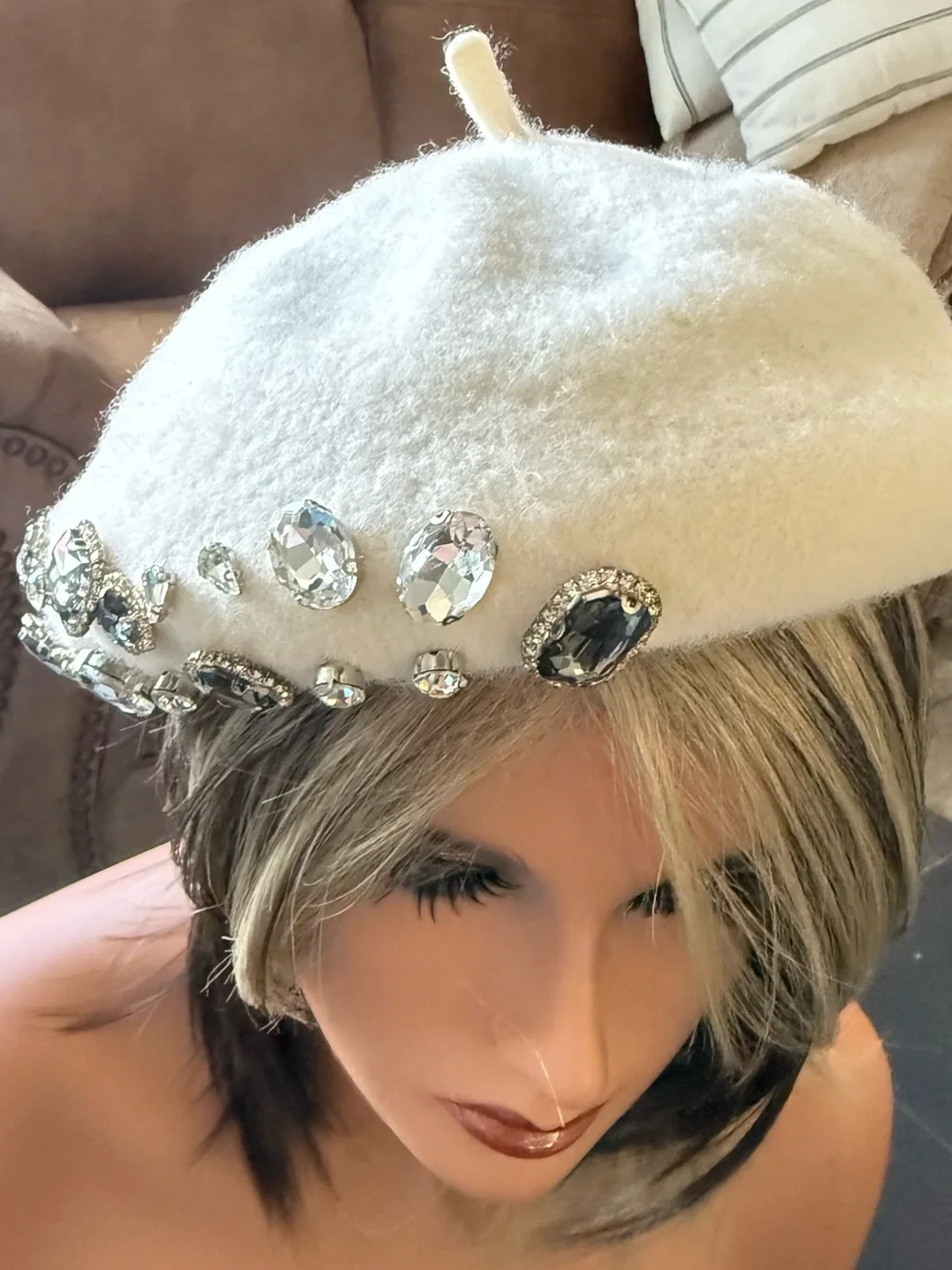 Amiee Lynn Crystal-Embellished White Wool Blend Beret